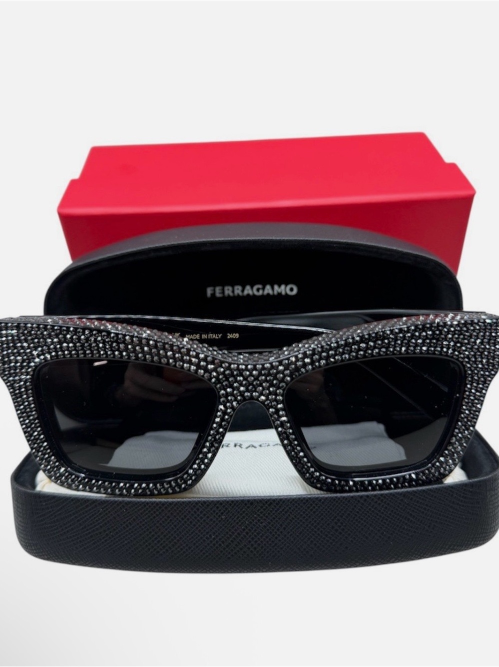 New Salvatore Ferragamo Black Crystal-Acetate Sunglasses